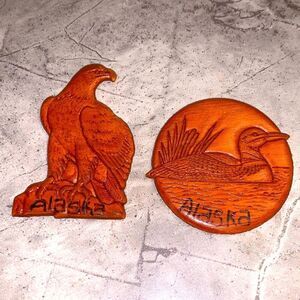 2 Vintage "Alaska" Bird Tourist Souvenir Carved 3D Wood Refrigerator Magnets